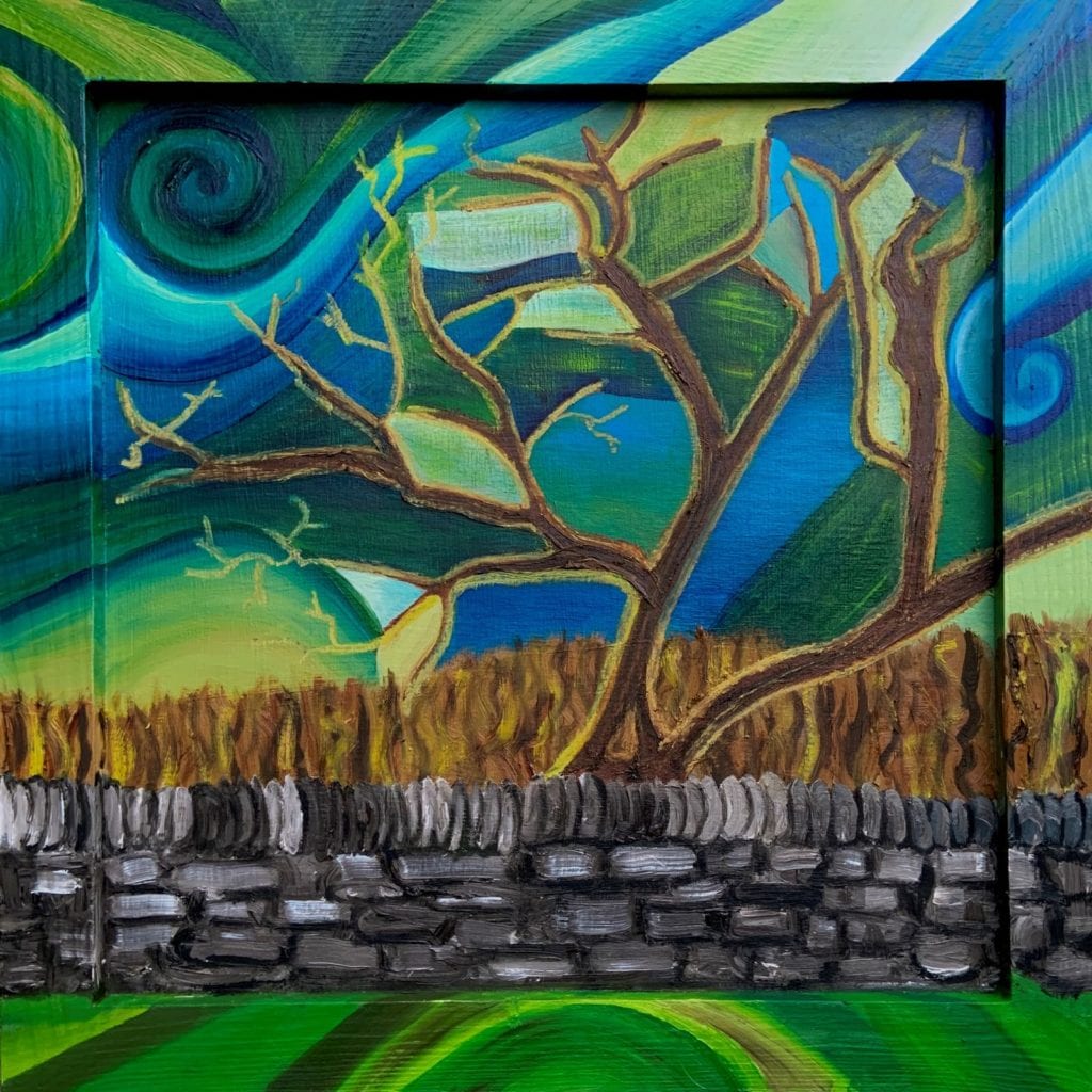 painting of tree with stone fence