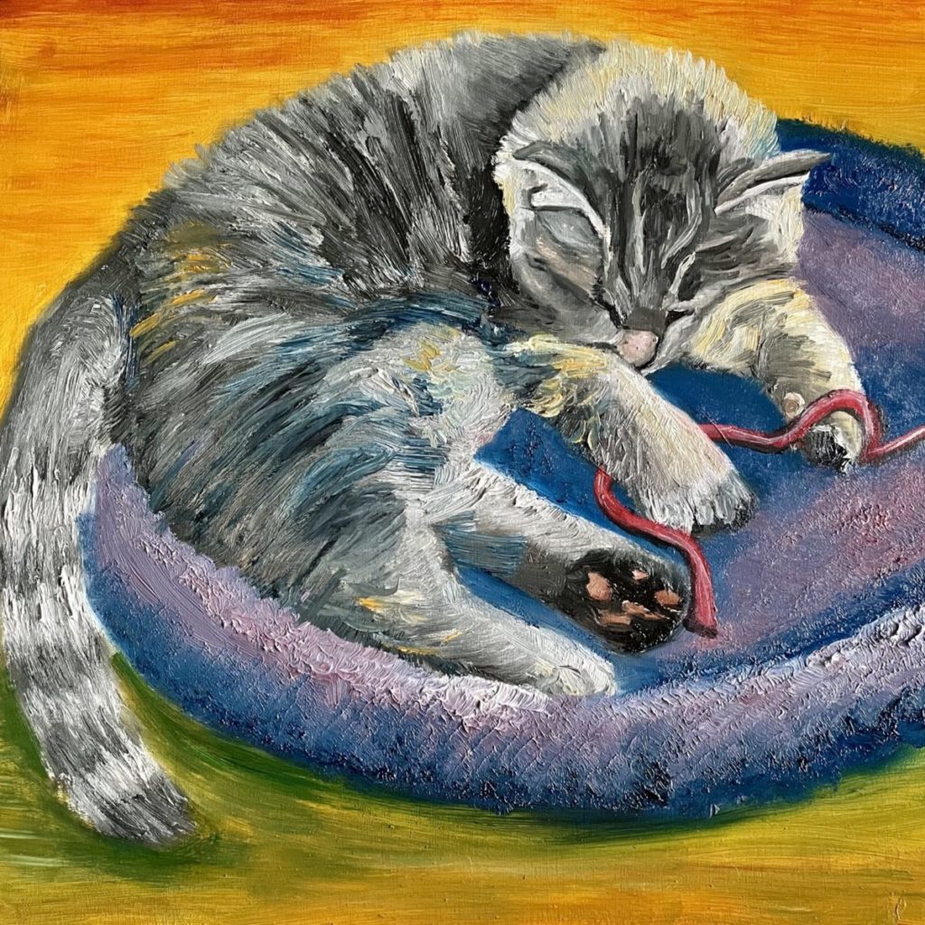 A Cat at Rest Never Stays at Rest. 2021. 14×14″ Oil on Canvas.